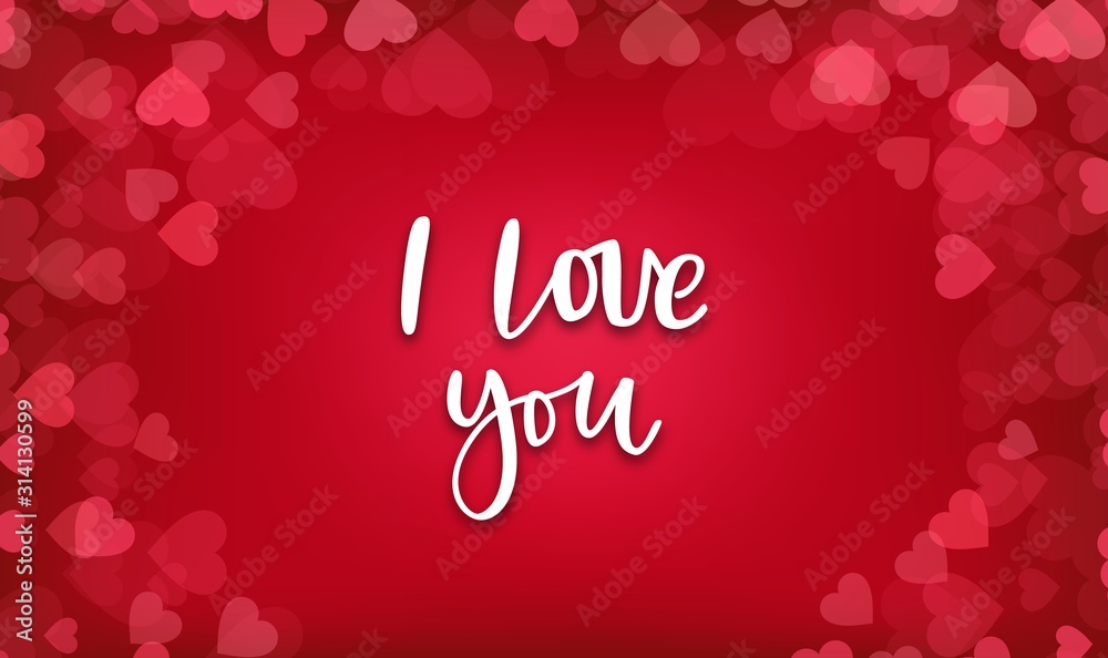 Naklejka premium Valentine day, wedding postcard. Background with red hearts and bokeh. I love you lettering hand drawn