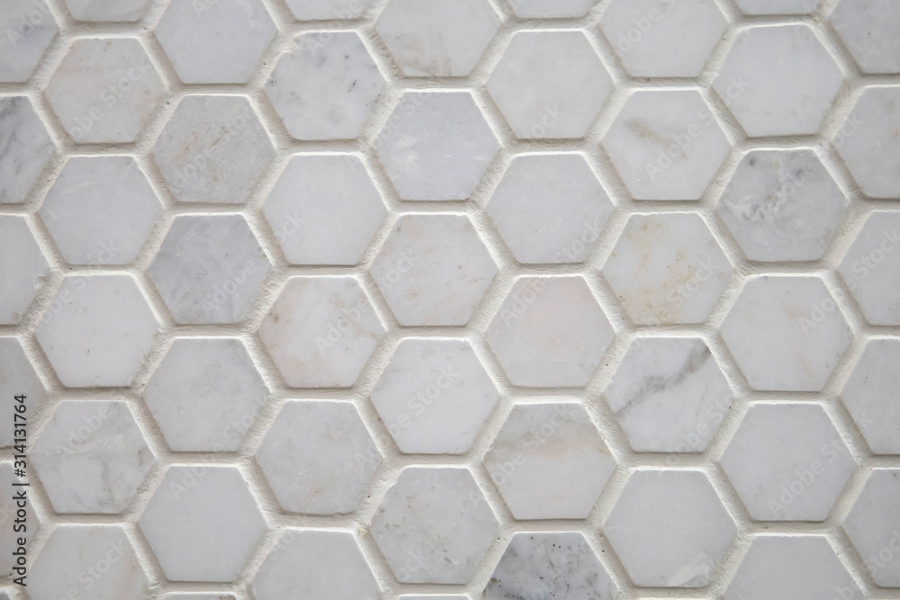 Seamless pattern hex hexagon polished Carrera Italian Marble tile options for home improvement and renovations and new construction flooring and backsplash options