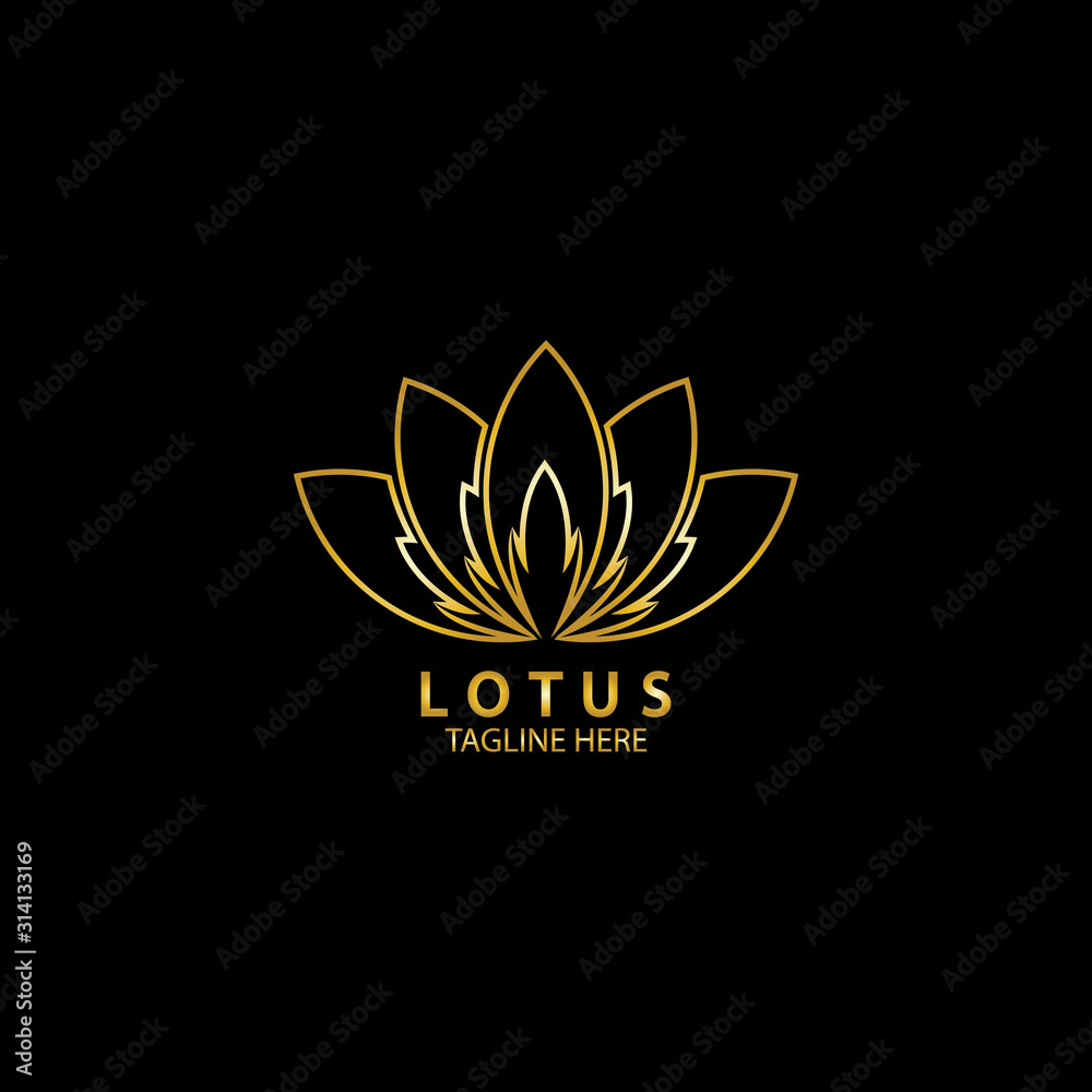 Fototapeta premium Golden lotus flower logo. Vector design template of lotus icon on dark background with golden effect for eco, beauty, spa, yoga, medical companies.