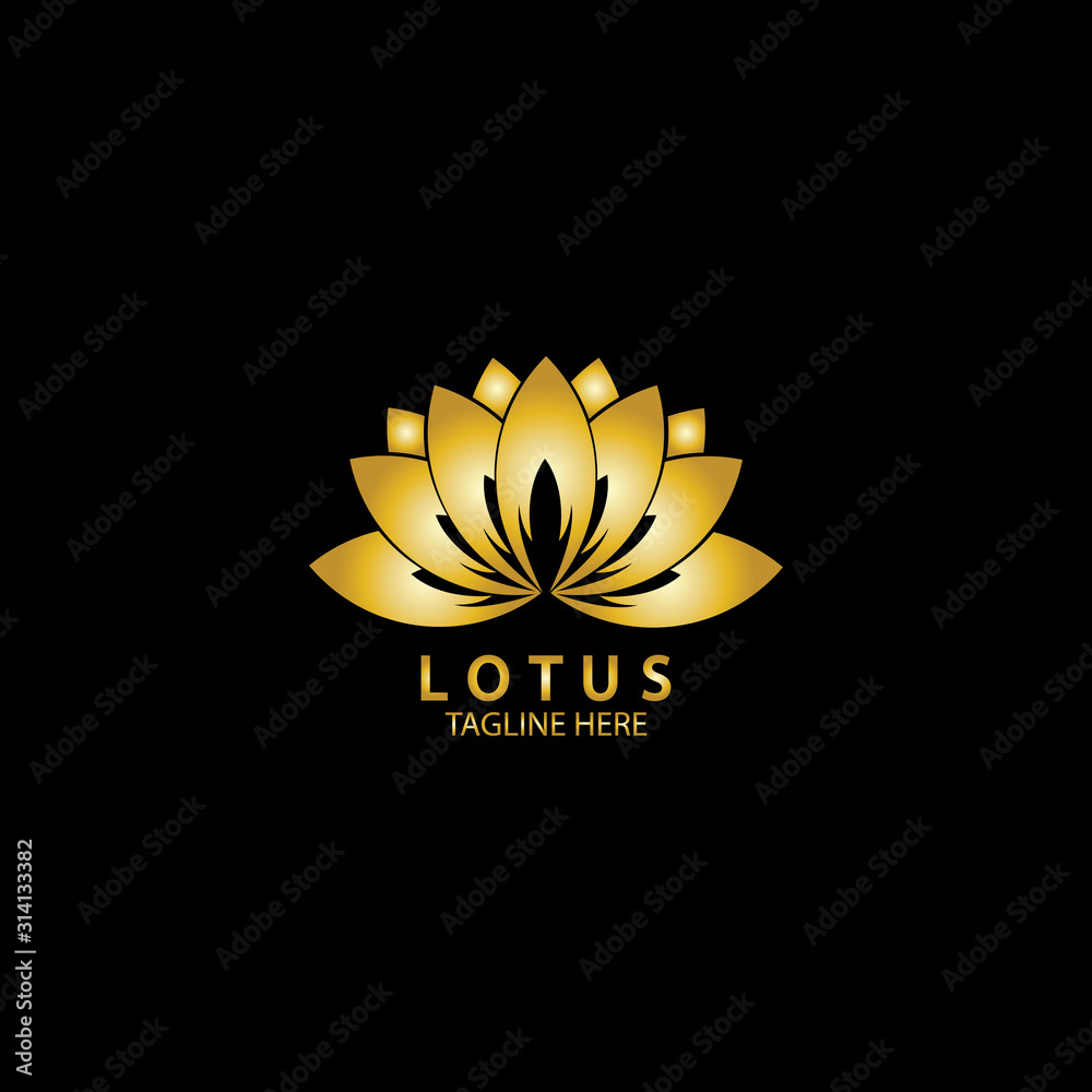 Obraz premium Golden lotus flower logo. Vector design template of lotus icon on dark background with golden effect for eco, beauty, spa, yoga, medical companies.