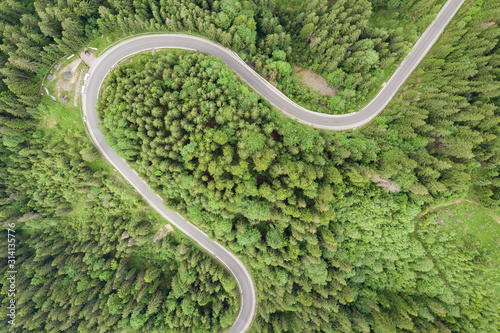 Top down aerial view of winding forest road in green mountain spruce woods.
