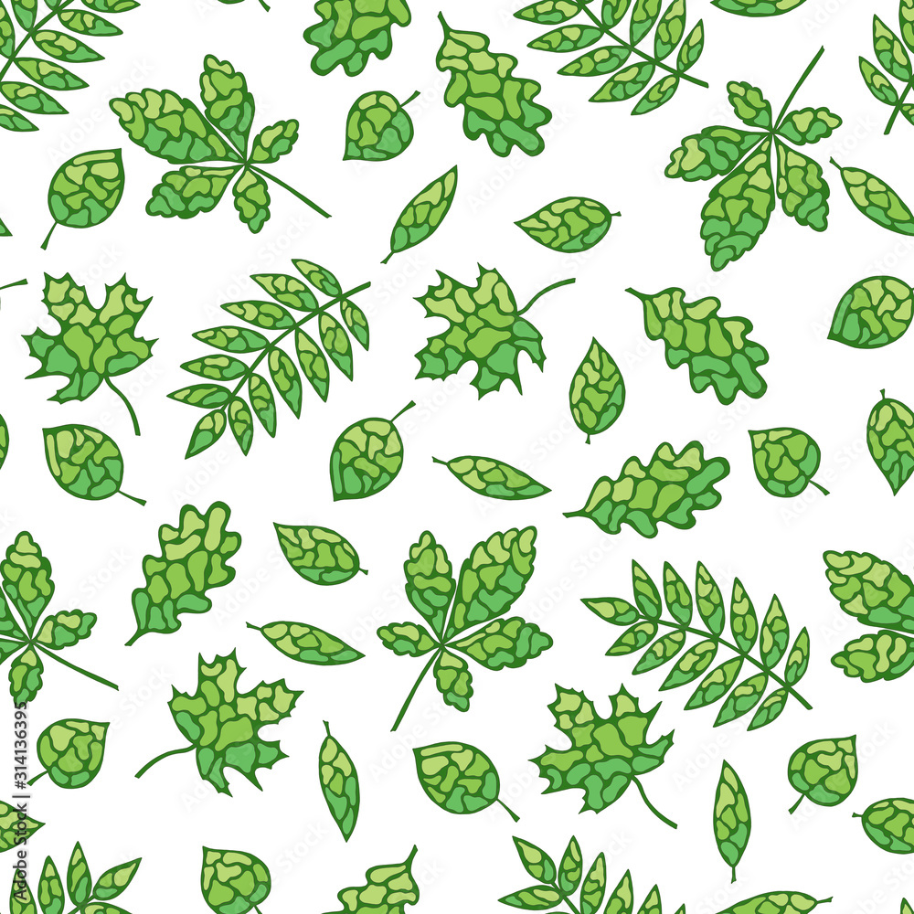 Seamless pattern of spring green leaves on a white background Seamless pattern of spring green leaves on a white background