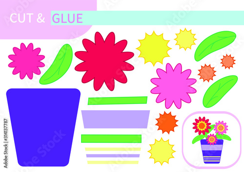 Puzzle-time, mini-game "cut and glue": spring Easter bright flowers and leaves in a striped garden pot. Print and play, activity, entertainment for children