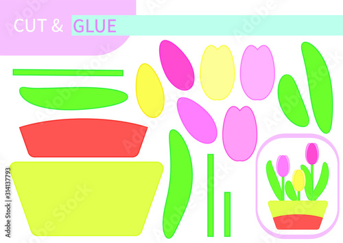 Puzzle-time, mini-game "cut and glue": spring Easter tulips in a pot. Print and play, activity, entertainment for children