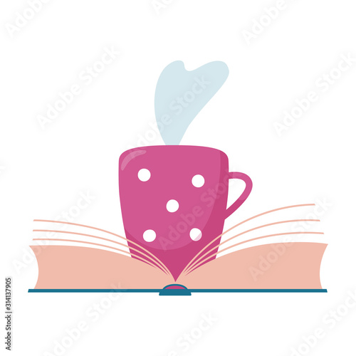 Stylized open book and cup, mug of hot tea or coffee beverage with steam raising up in the shape of heart, reading club or book blog logo template, cute vector illustration on white background