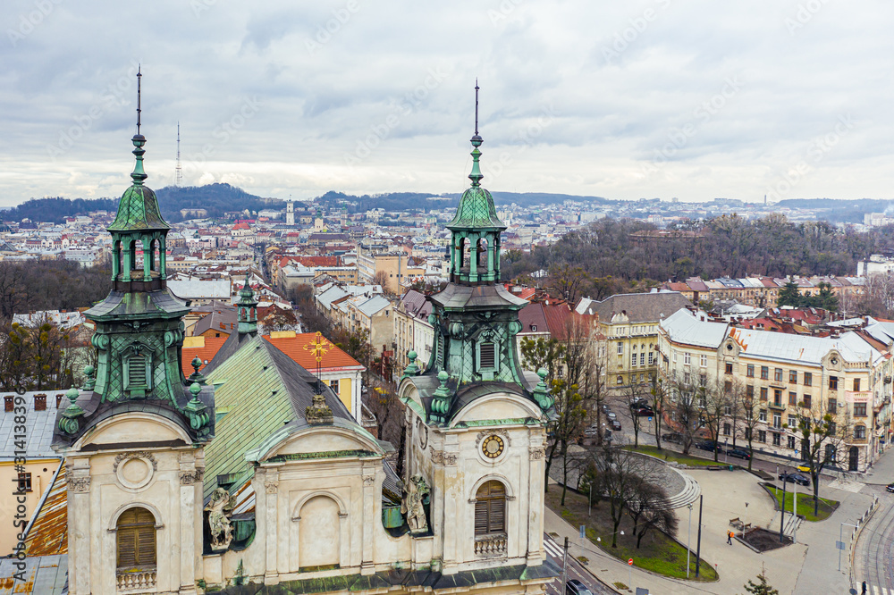 Closeup of The Roman Catholic church of St. Mary Magdalene (House of organ and chamber music) in Lviv, Ukraine. View from drone Closeup of The Roman Catholic church of St. Mary Magdalene (House of organ and chamber music) in Lviv, Ukraine. View from drone
