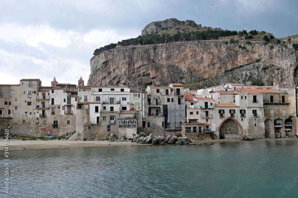 Sicily - the town of Cefalu, in the background Rocca di Cefalù.