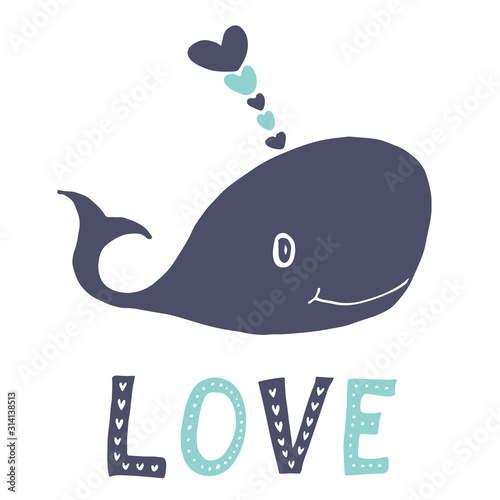 Blue whale with hearts splash. Love sigh lettering. Valentines day postcard, Greetings for lovers