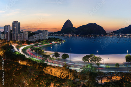 Rio de Janeiro view towards Sugar Loaf Mountain across Botafogo Beach and Avenue of United Nations