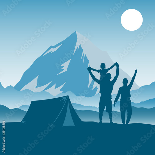 Family camping  hiking  travel and outdoor activities. Father  mother and son on a background of a mountain landscape. Tourists man  women and children have a rest together. Vector illustration.
