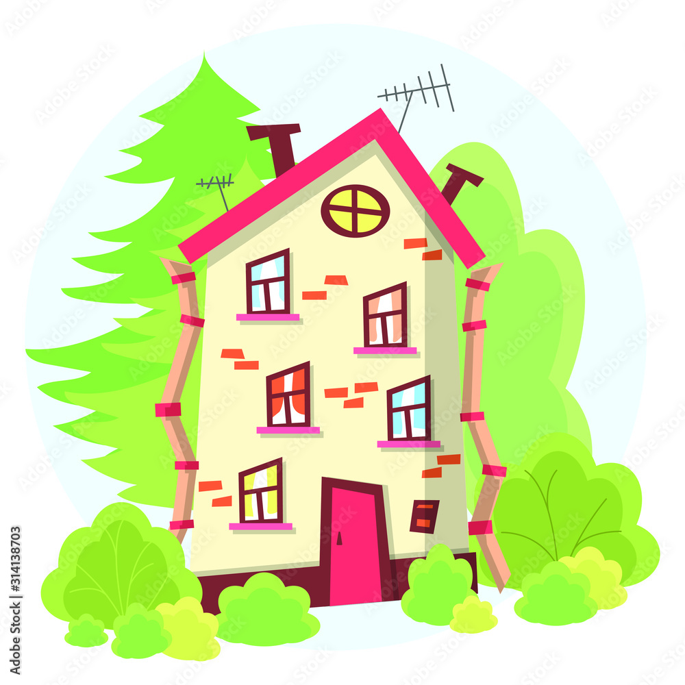 Flat, simple, multi-storey, multi-colored house in a forest or Park. Cartoon illustration: building with Windows, door, drainpipe, TV antenna and chimney