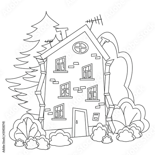 Curve, mobile, brick, vintage multi-storey house with Windows, door, balcony, attic window in the forest. Black and white, contour, simple illustration