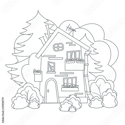 Curve, mobile, brick, vintage multi-storey house with Windows, door, balcony, attic window in the forest. Black and white, contour, simple illustration