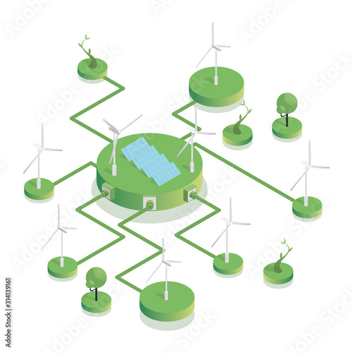 Eco friendly wind farm isometric illustration. Sustainable power sources, wind turbines and photovoltaic batteries generating electricity. Renewable energy industry, nature preservation concept