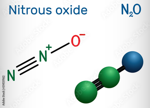 Nitrous oxide, "laughing gas", N2O molecule. It is used such as a pharmacologic agent to produce anesthesia, a food additive as a propellant. Structural chemical formula and molecule model.