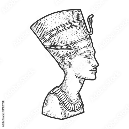 Nefertiti Ancient Egyptian Pharaoh statue sketch engraving vector illustration. T-shirt apparel print design. Scratch board imitation. Black and white hand drawn image.