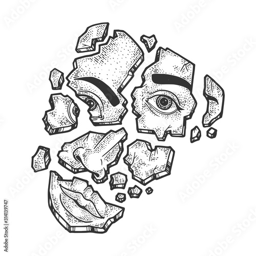 Shattered face broken on fragments sketch engraving vector illustration. T-shirt apparel print design. Scratch board style imitation. Black and white hand drawn image.