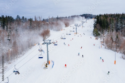 Aerial drone on ski jump tower in Wisla Malinka photo