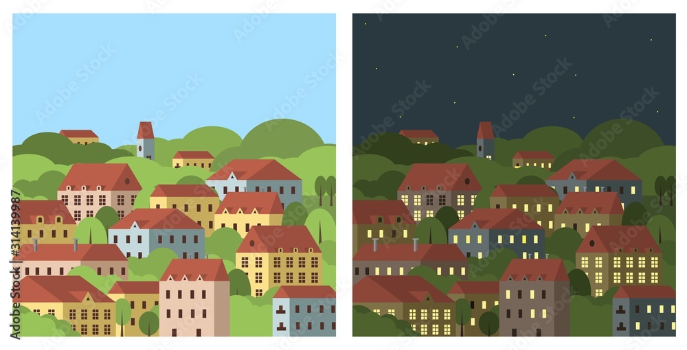 Day and night city landscape. Flat vector illustration. Tiled roof houses and trees