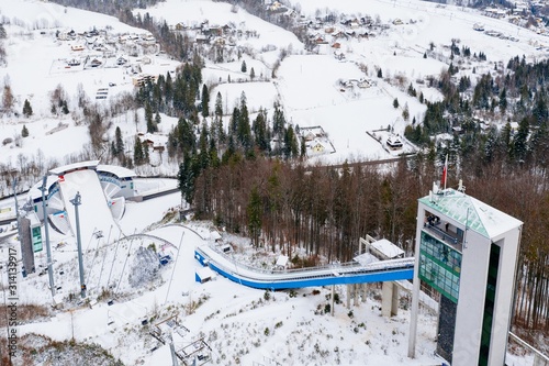 Aerial drone on ski jump tower in Wisla Malinka photo