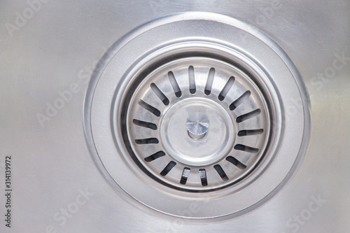 Closeup photo of water drain. Sink drain.