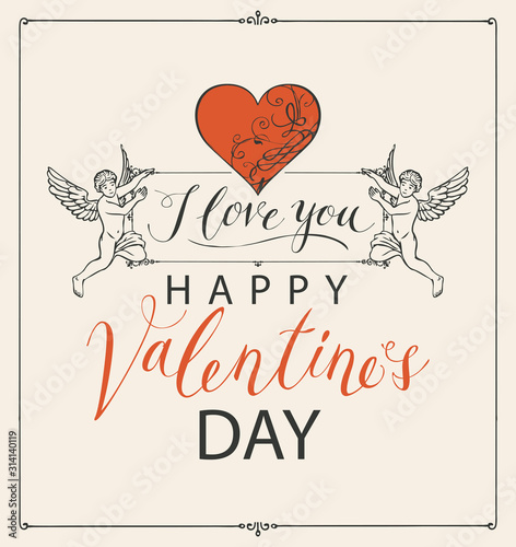 Vector greeting card or banner with inscriptions I Love you and Happy Valentines Day. Valentine card on the theme of declaration of love with angels and heart in retro style