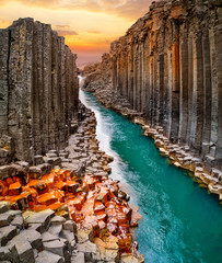 Breathtaking view of Studlagil basalt canyon, Iceland, Europe.