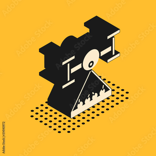 Isometric Smart farm with drone control collects harvest icon isolated on yellow background. Innovation technology for agricultural company. Vector Illustration