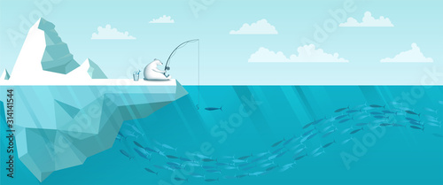 Arctic landscape showing a polar bear on an iceberg. A polar bear catches fish and puts it in a bucket. A school of fish swims underwater. Vector. Wildlife scene on a sunny day.