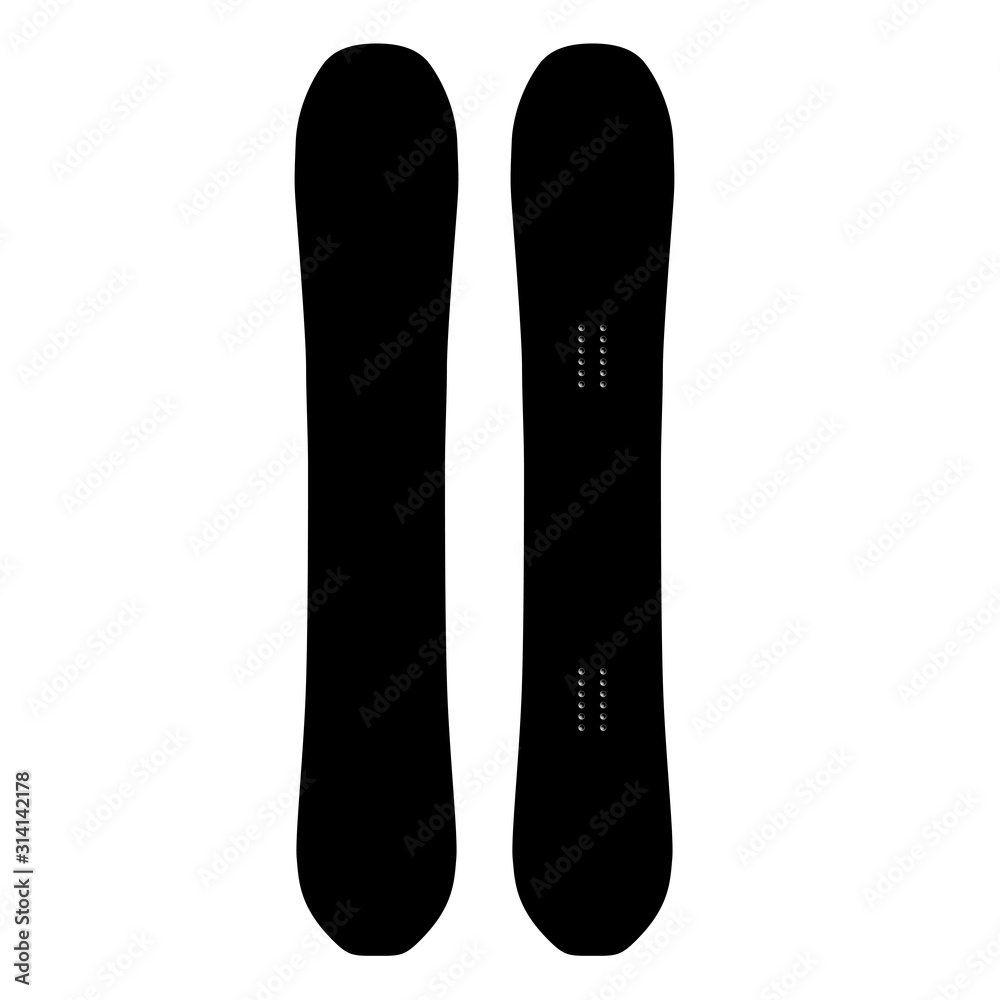 Snowboard black mockup. Realistic board deck design. Flat silhouette icon. Winter outdoor activity elements isolated on white background. Extreme jump, ride mountain ski gear Snowboard black mockup. Realistic board deck design. Flat silhouette icon. Winter outdoor activity elements isolated on white background. Extreme jump, ride mountain ski gear