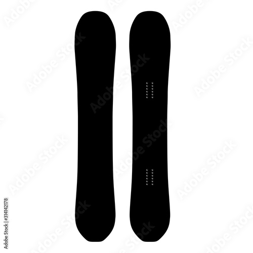 Snowboard black mockup. Realistic board deck design. Flat silhouette icon. Winter outdoor activity elements isolated on white background. Extreme jump, ride mountain ski gear