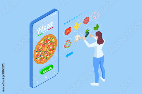 Isometric Online Pizza Order mobile app templates. Free delivery, Fast food delivery online service.