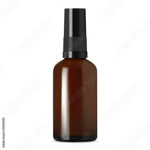 Brown glass dropper bottle. Amber pharmacy vial isolated on white. Aromatherapy perfume cosmetic storage. Plastic screw cap medical translucent jar. Chemical liquid flacon. Medicament storage