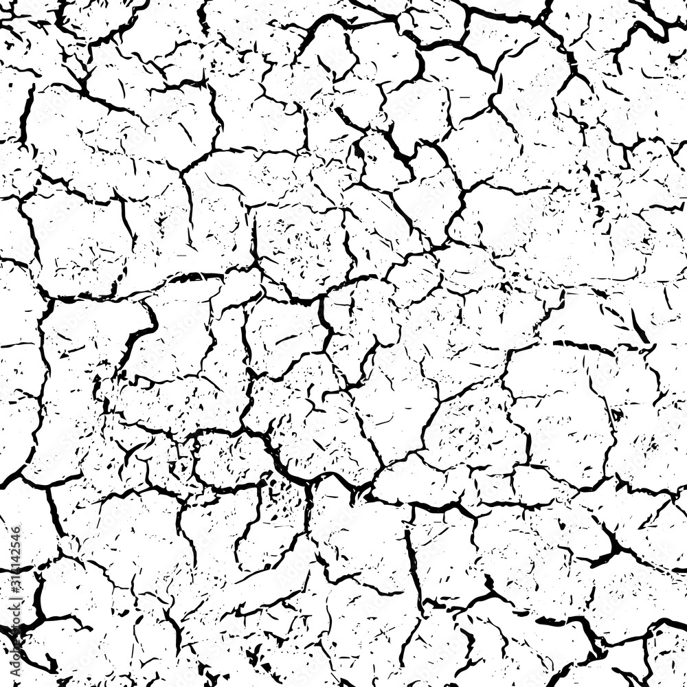 Texture cracks black and white background. Monochrome abstract seamless pattern. Cracked earth. Modern stylish design. Structure cracking ground. Dry surface soil. Distressed cracks. Grunge background