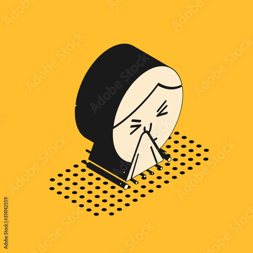 Isometric Man holding handkerchief or napkin to his runny nose icon isolated on yellow background. Coryza desease symptoms. Vector Illustration