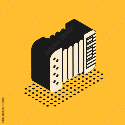 Isometric Musical instrument accordion icon isolated on yellow background. Classical bayan, harmonic. Vector Illustration
