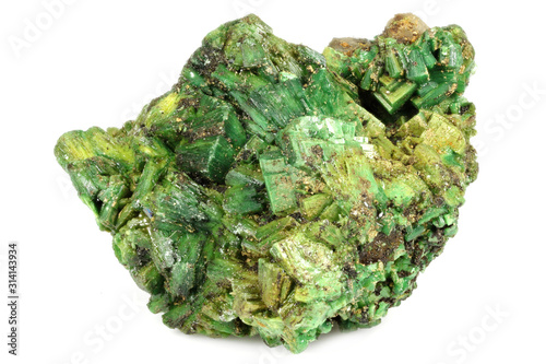 torbernite (uranium ore) from Margabal Mine, France isolated on white background photo