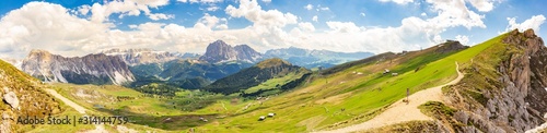 Amazing panoramic view from Seceda park on Dolomites Alps  Odle - Geisler mountain group  Secede peak and Seiser Alm  Alpe Siusi . Selva di val gardena  Trentino Alto Adige  South Tyrol  Italy  Europe