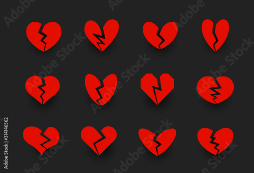 Broken hearts icons collection, heart crack, unlove symbol. Divorce, relationship crisis, family problems signs. Red vector icons set on black background.