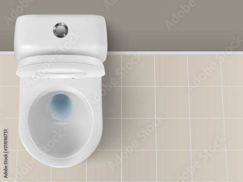 Vector 3d Realistic White Ceramic Toilet Closeup in the Bathroom, Toilet Room. Opened Toilet Bowl with Lid. Plumbing, Mockup, Design Template for Interior, Cleaning, Hygiene Concept. Top View