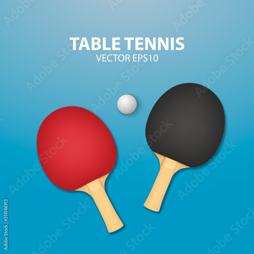 Vector 3d Realistic Red and Black Ping Pong Racket and Ball Icon Closeup on Blue Tennis Table Background. Sport Equipment for Table Tennis. Design Template. Stock Illustration