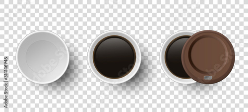 Vector 3d Realistic Disposable Opened Paper, Plastic Coffee, Tea Cup for Drinks with Brown Plastic Lid Icon Set Closeup Isolated on Transparent Background. Design Template, Mockup. Top View