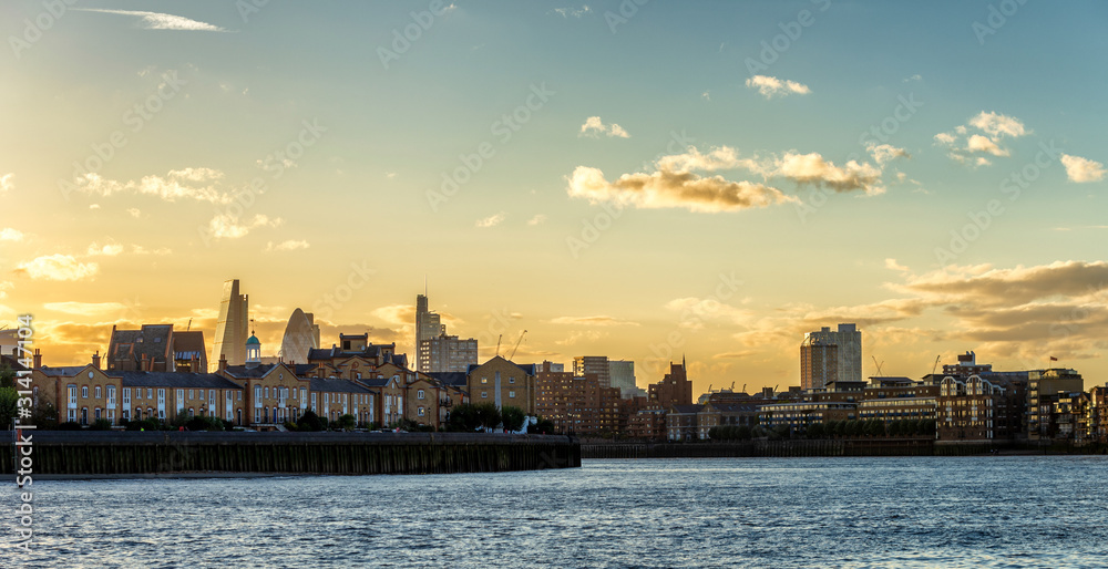 Skyline of London at sunset.