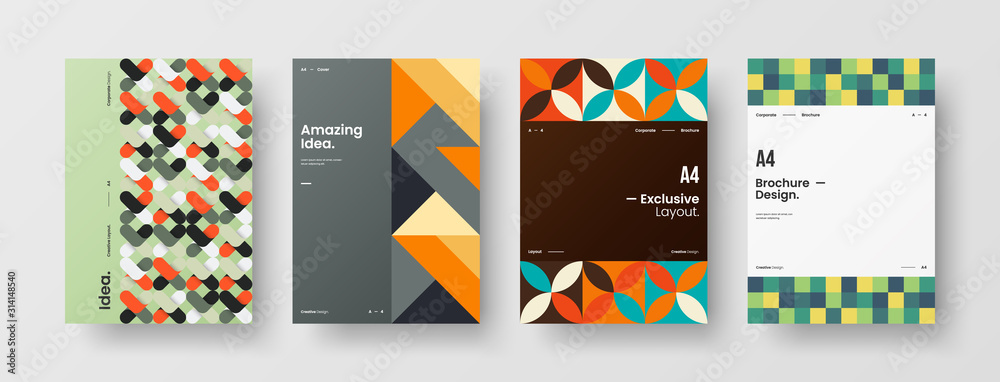 Business presentation vector A4 vertical orientation front page mock up set. Corporate report cover abstract geometric illustration design layout bundle. Company identity brochure template collection.