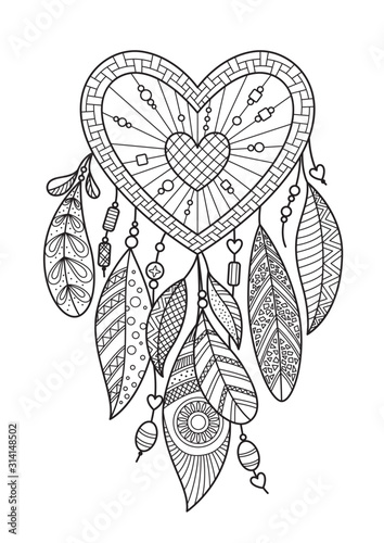 Zentangle heart dream catcher with feathers. Doodle antistress coloring book page for adult. Valentine day illustration isolated on the white background