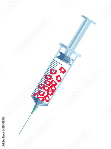 Social media addiction vector illustration. Syringe wth likes isolated on the white bacground