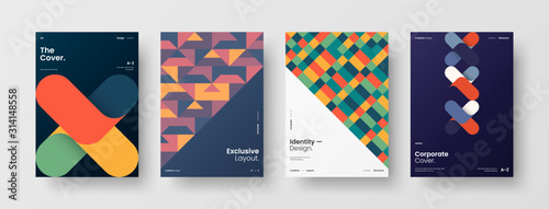 Business presentation vector A4 vertical orientation front page mock up set. Corporate report cover abstract geometric illustration design layout bundle. Company identity brochure template collection.