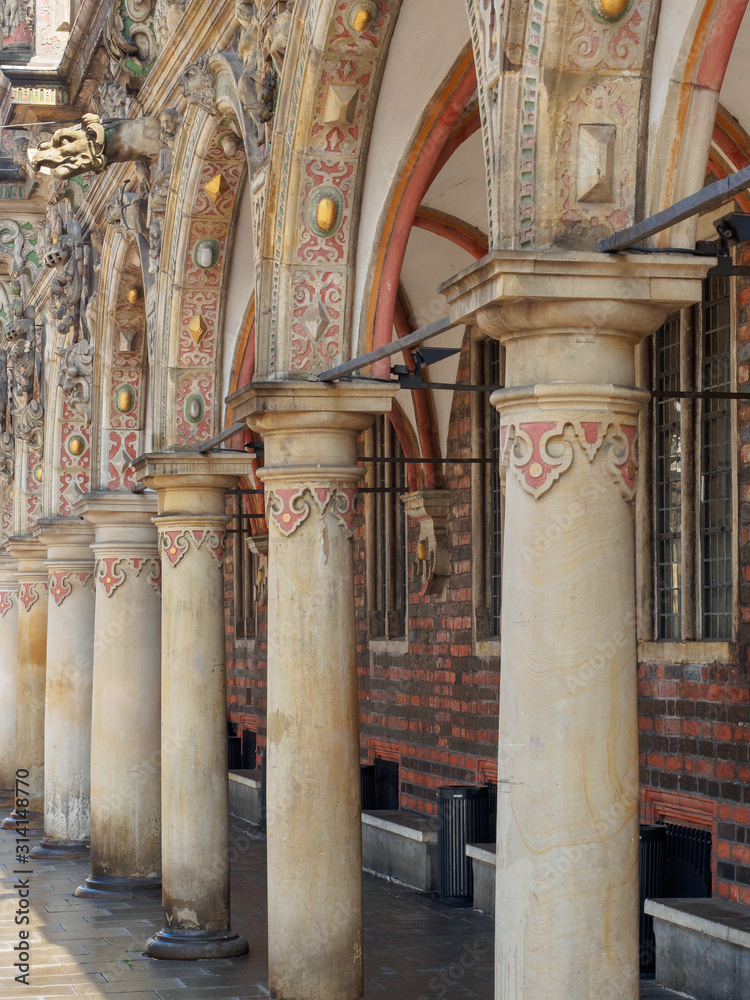 Arcades and columns of the historic town hall in Bremen, Germany