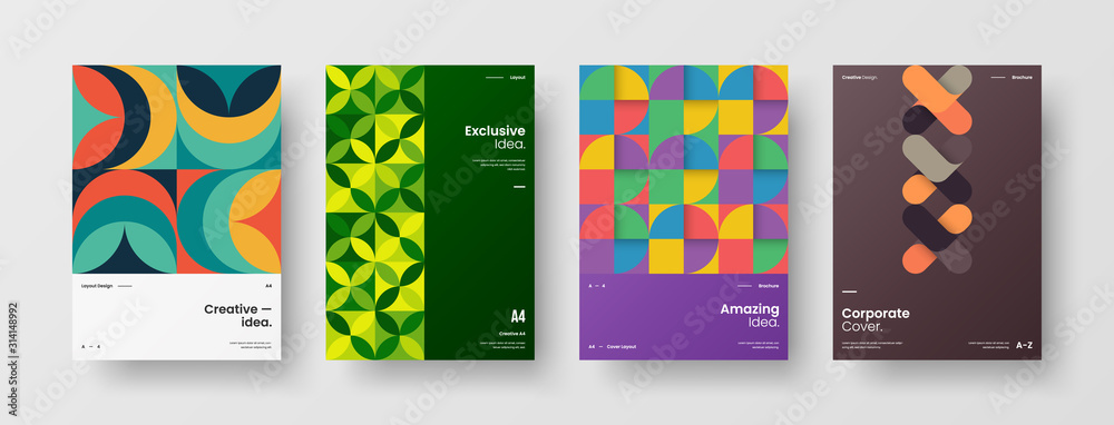 Business presentation vector A4 vertical orientation front page mock up set. Corporate report cover abstract geometric illustration design layout bundle. Company identity brochure template collection. Business presentation vector A4 vertical orientation front page mock up set. Corporate report cover abstract geometric illustration design layout bundle. Company identity brochure template collection.