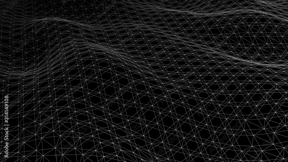 Vector perspective grid of hexagons. Detailed lines and dots on black background.